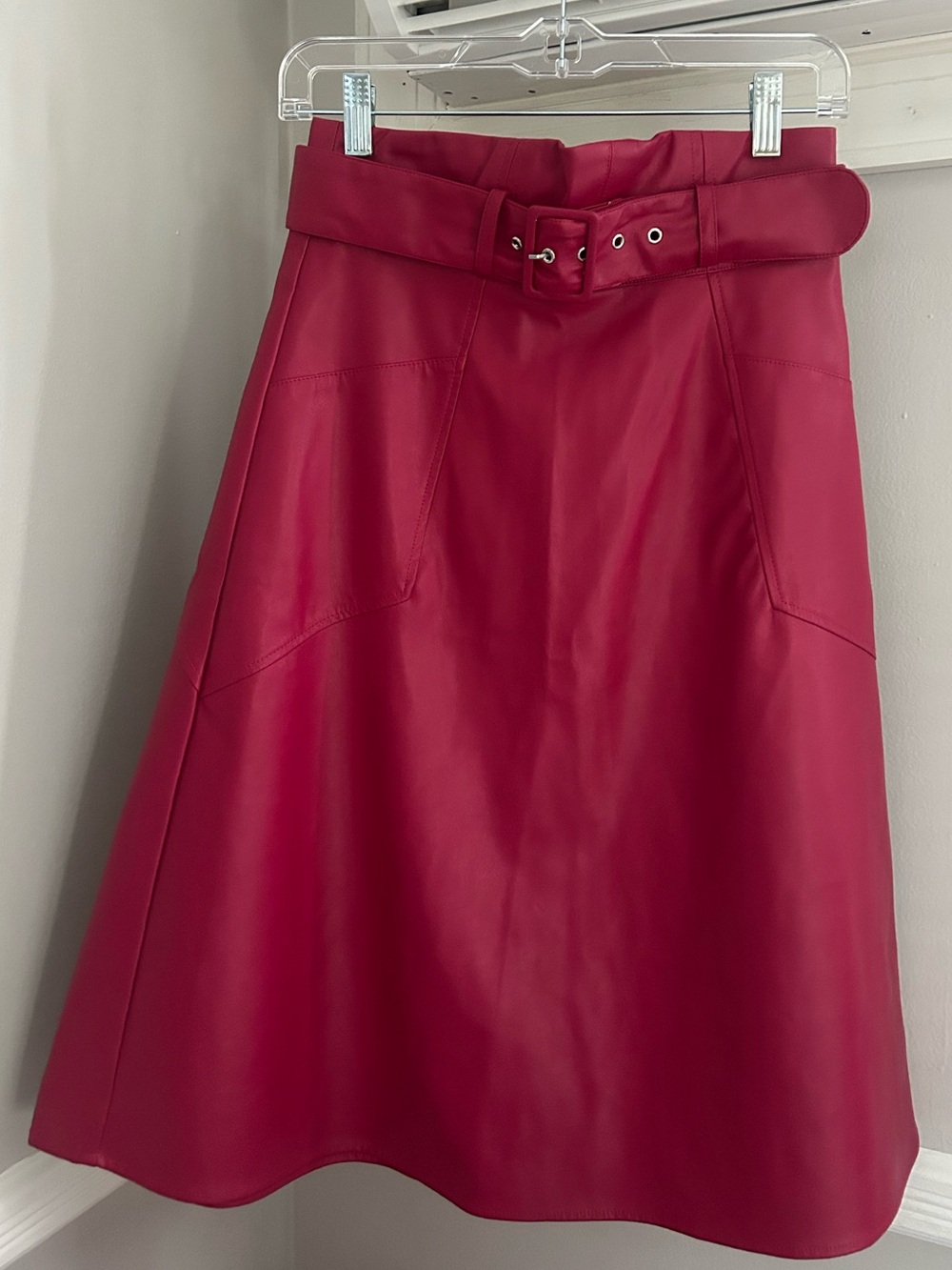 New York & Company Raspberry Faux Leather A-Line Skirt with Belt